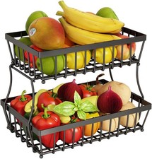 ® 2 Tier Black Countertop Fruit Basket Bowl for Kitchen Metal Wire Storage Ra...