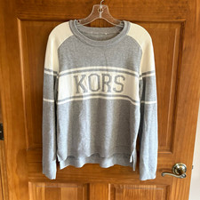 Michael Kors Women's Gray/White Striped Logo Crew Neck Raglan Ribbed Sweater M