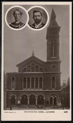 Postcard London, Westminster Chapel, Exterior, Dr. G. Campbell Morgan, Rev. A. Swift 