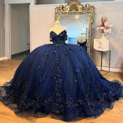 Shiny Navy Blue Quinceanera Dresses Beading Flowers Lace Birthday Party Princess | eBay Shiny Navy Blue Quinceanera Dresses Beading Flowers Lace Birthday Party Princess | eBay
