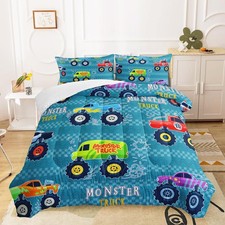 Cartoon Truck Twin Comforter Set for Boys Girls 3 Pieces Blue Cars Bedding Se...