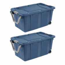 40 Gallon Wheeled Industrial Storage Tote Set of 2 Latch Lid Pull Handle
