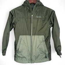 MARMOT Youth Small Olive Green Hooded Full Zip Windbreaker Rain Jacket D11