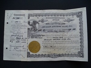 Arizona Western Mines, Inc. Stock Certificate 1970