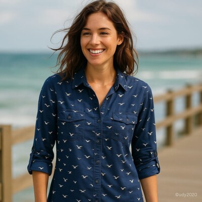 Columbia PFG Button Down Shirt Roll-Tab Sleeve Bird Print Lightly Blue XL