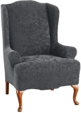 Surefit Jacquard Damask T-Cushion Wing Chair One Piece Slipcover Gray Grey 15288
