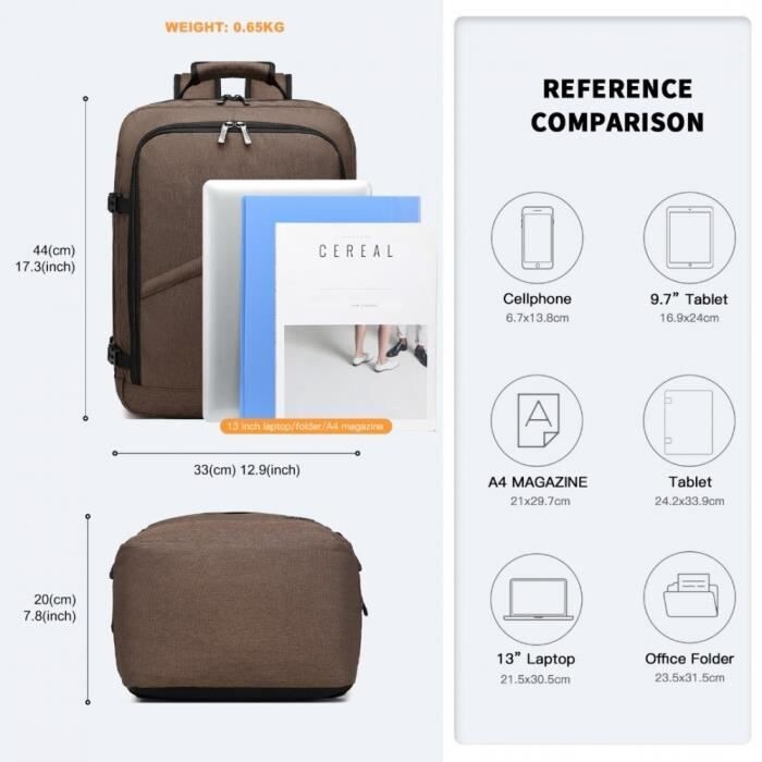 Sac à Dos Cabine Pliable 45x36x20 Cm - Bagage à Main Avion, Sport, Voyage, Brun