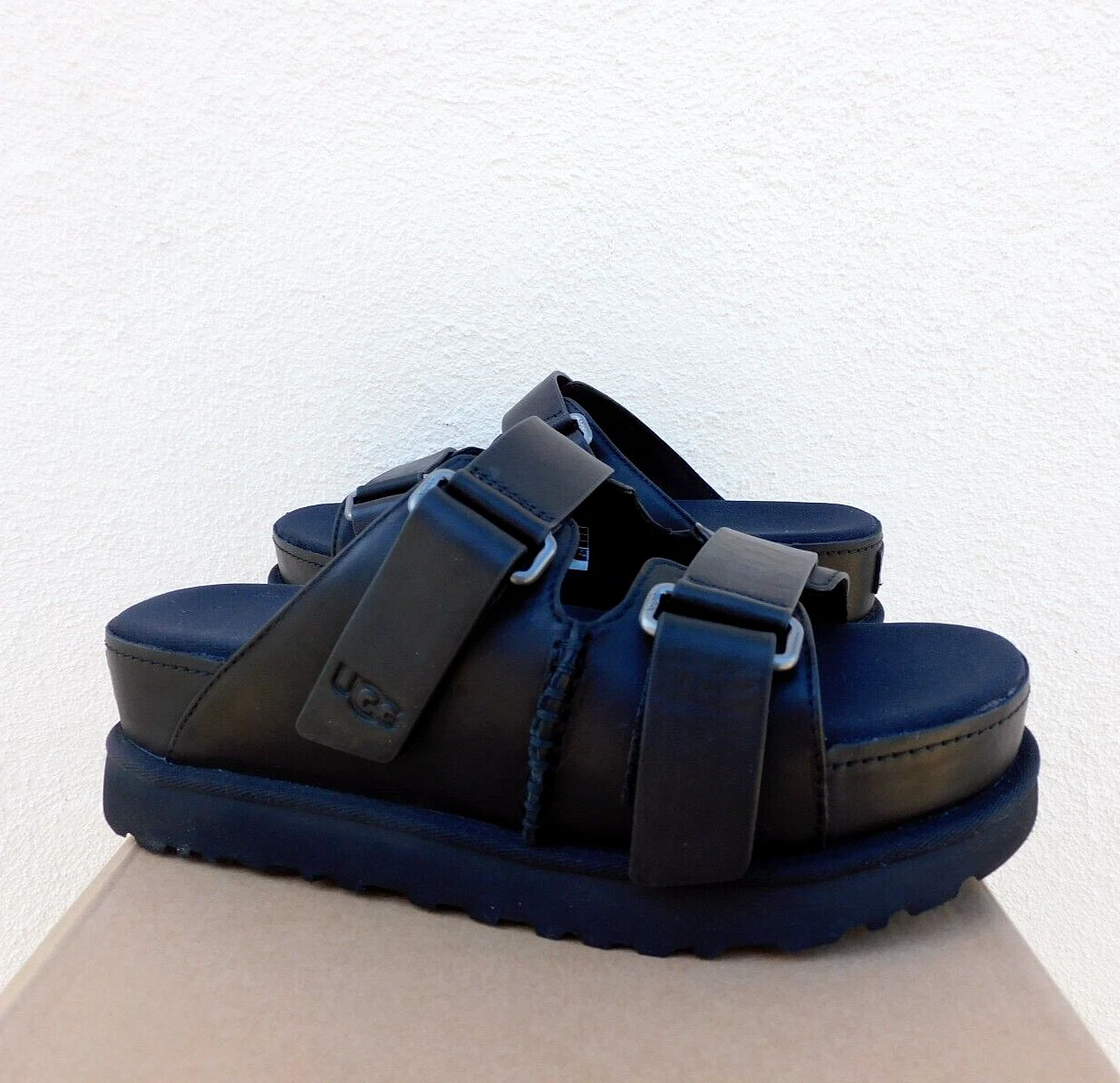 SANDALI SLIDE UGG PELLE NERA GOLDENS HI PLATFORM DONNA US 10 EUR 41 ~NUOVI CON SCATOLA