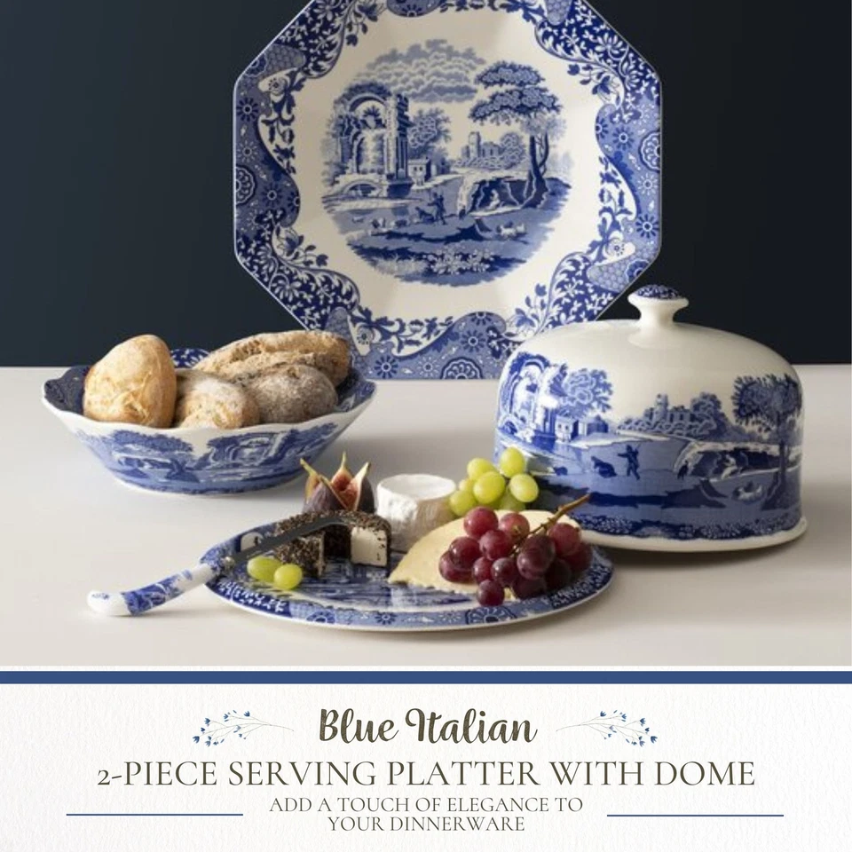 Prato de servir Spode azul italiano 2 peças porcelana 11,5" com cúpula 9" - Imagem 2 de 4