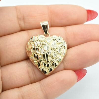 1 3/8'' Diamantschliff Nugget Stil Herz Anhänger Charm Echt 10K Gelbgold