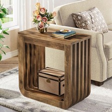 Wood Rustic Narrow Sofa Side Table, Farmhouse End Table with Slatted Open Frame