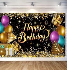 Black and Gold Birthday Party Backdrop Black Gold Glitter Balloon Happy Birthday