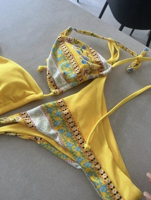 Zaful Damen Bikini 2-teilig Triangel Neckholder Blumen gelb/mehrfarbig Gr. M