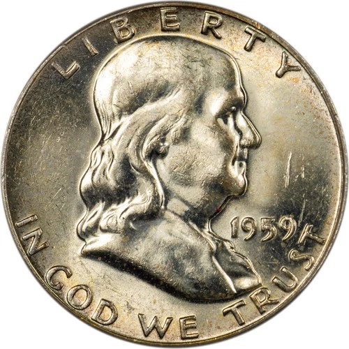 1959-D Franklin Half Dollar - Light Rainbow Toning - Wayte Raymond - CH BU!
