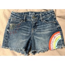 Cat Jack Denim Shorts Girls Sz Medium 7/8 Rainbow Applique Adjustable Waist