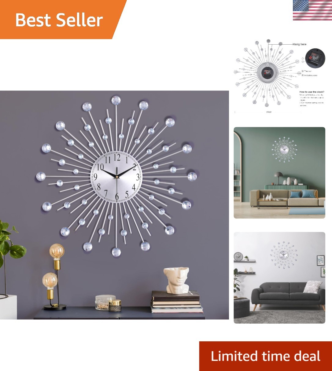 Modern 23-Inch Silver Wall Clock with Crystal Accents - Silent & Elegant Design