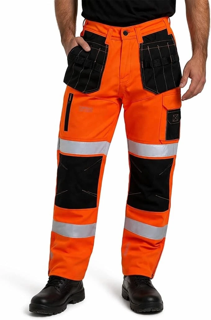 MENS HI VIS WORKWEAR TROUSERS SOFTSHELL REFLECTIVE WATERPROOF SAFETY BOTTOM PANT