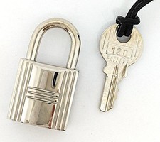 Hermes Cadena Key Padlock Silver No120 Leather Cord Vintage Used PreOwned