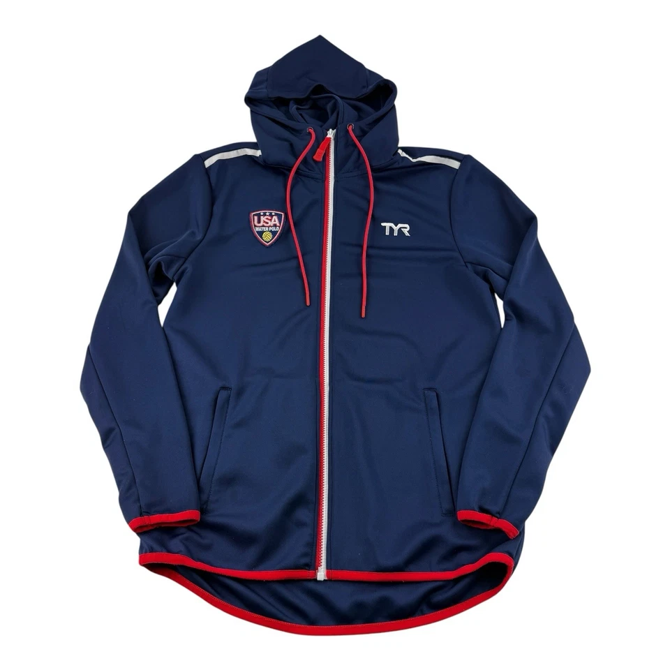 TYR x USA Water Polo Blue Full Zip Hooded Sweatshirt Poly Stretch Men's Medium - Image 2 of 4