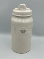 Rae Dunn White "Woof" Dog Treat Canister Jar With Lid EUC - Smoke Free Home