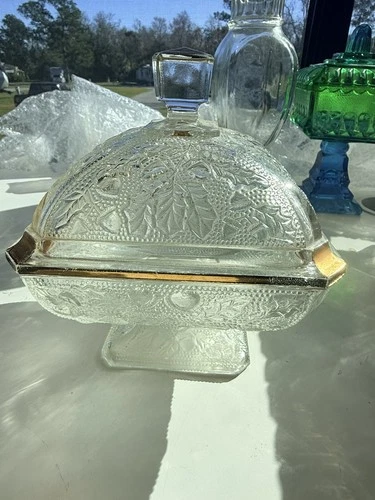 Vintage Jeanette Oak Leaf & Acorn Clear Glass Candy Dish Gold Trim with Lid