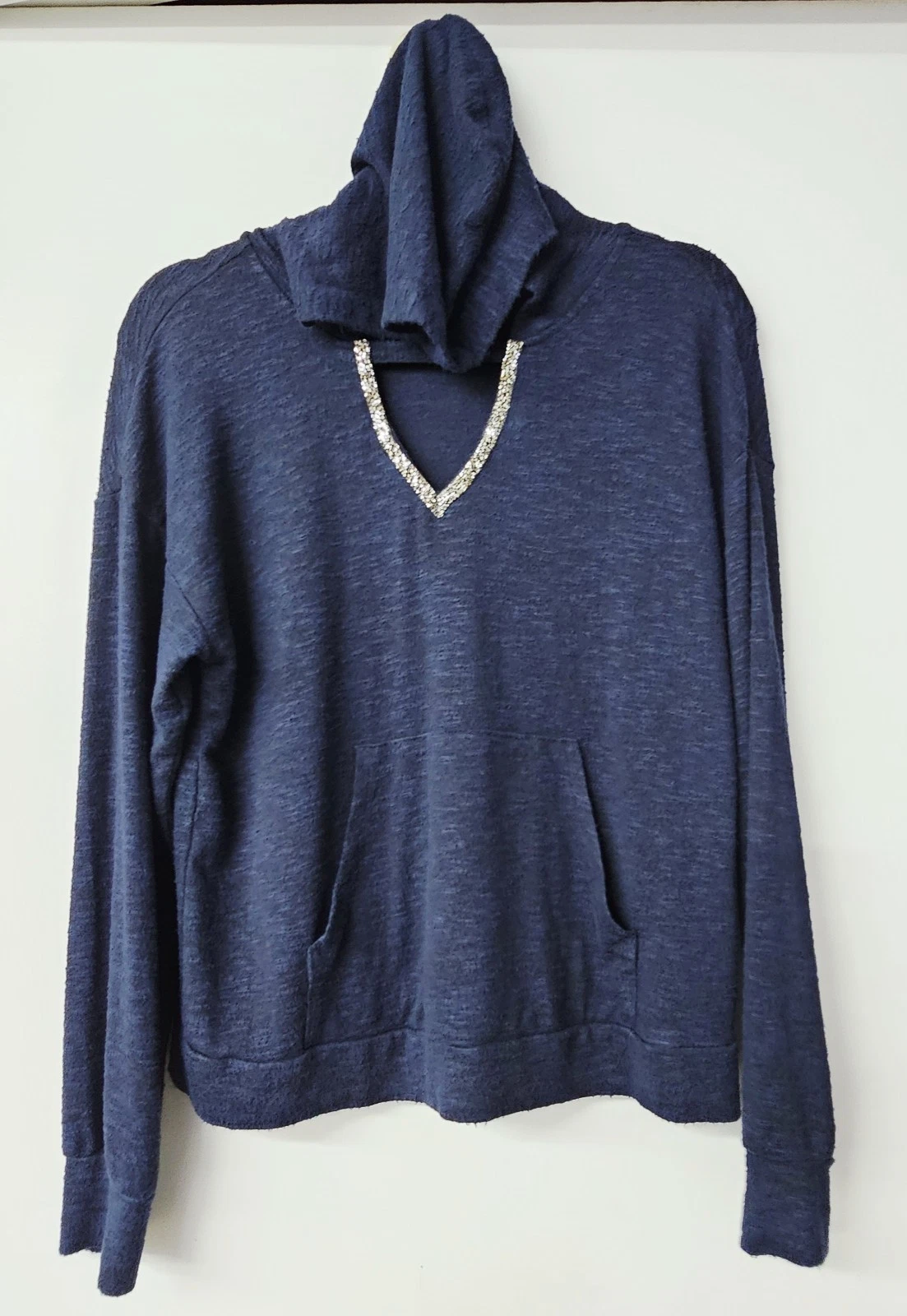Juicy Couture Sweater Womens XL Navy Y2K Hoodie Rhinestone Kangaroo Pocket