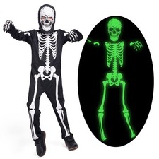 Glow in the Dark Skeleton Costume for Kids 7-9 with Gloves and Hood