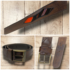 Vintage Tribal Southwestern Fabric Insert Brown Leather Western Belt Sz 36