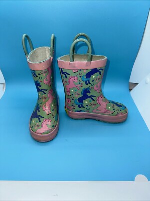Rain Boots/Unicorn Purple and Pink/Light Green Background Toddler Size 5/6