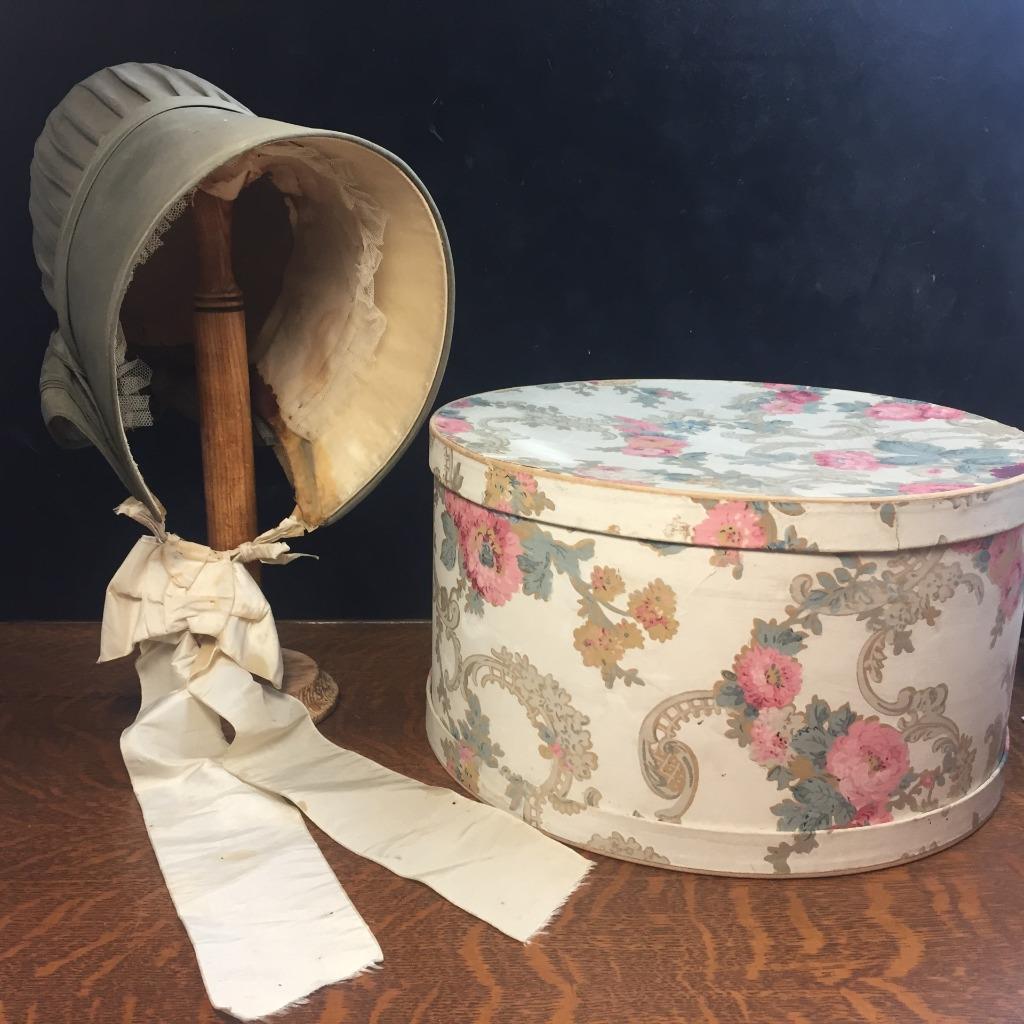 Antique 19th Century Ladies Silk Bonnet Wallpaper Hat Box