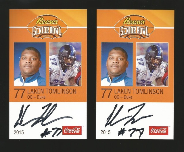 LAKEN TOMLINSON signed/signiert 2015 SENIOR BOWL CARD Duke Blue Devils mit COA