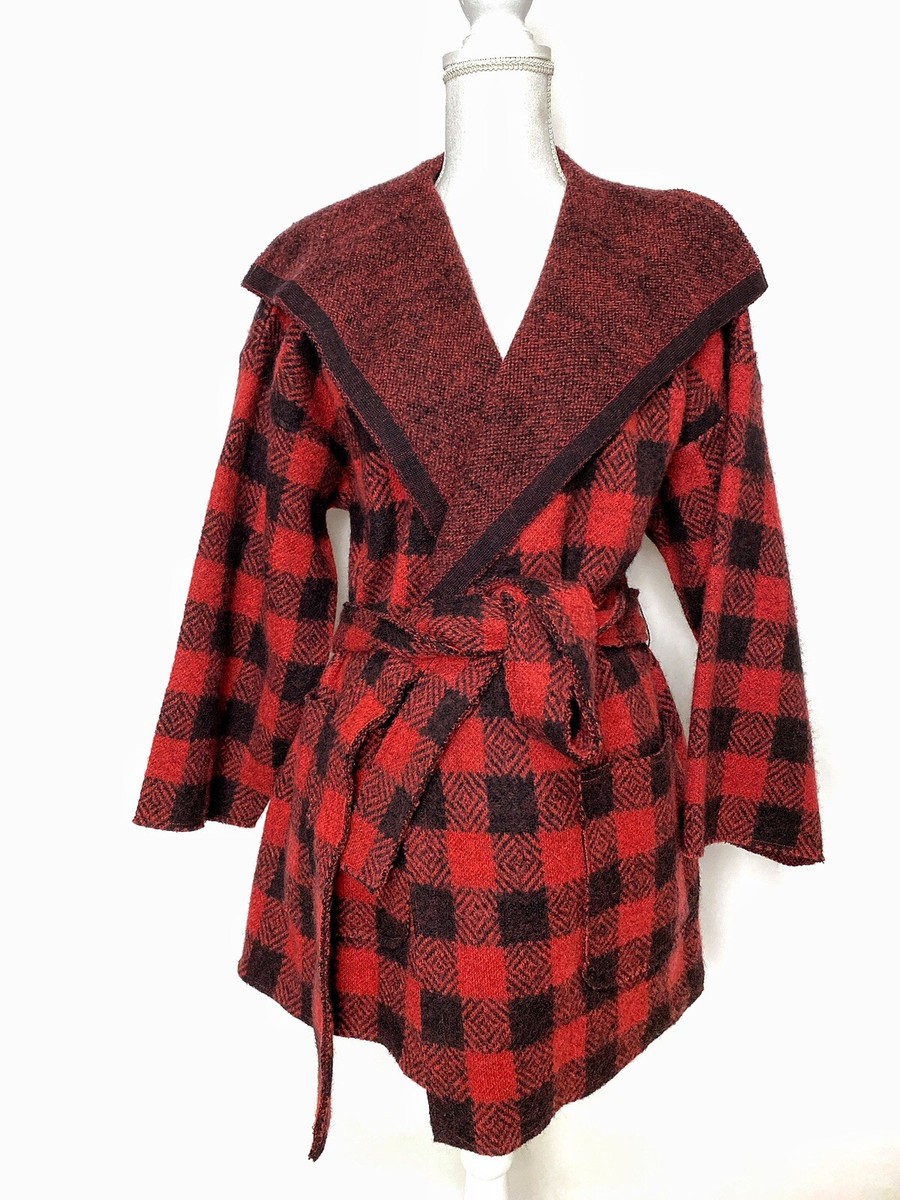 Joie Isamel Red Buffalo Plaid Coat Sweater Wool Medium Tied Front Women’s
