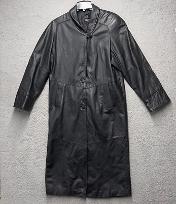 Pelle Leather Trench Coat Jacket Womens Medium Black Long