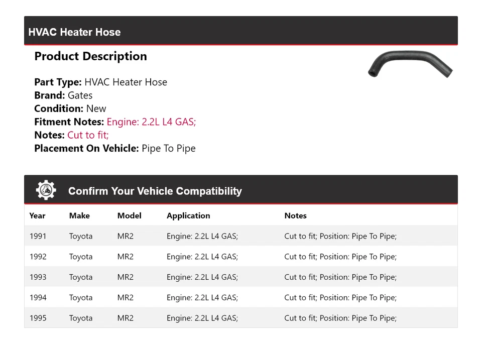 Para Toyota MR2 1991-1995 2,2 L L4 GAS HVAC calentador manguera tubo a puertas de tubería 1992 Foto 2 de 4