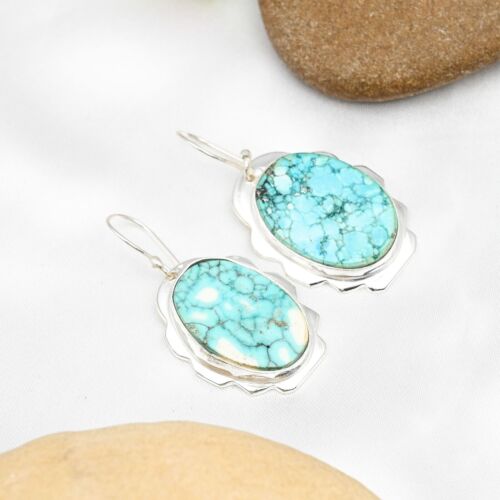 Natural Turquoise Gemstone Earrings Handmade 925 Sterling Silver Jewelry Gift - Picture 3 of 5