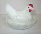 3 1/2" Vintage Milk Glass Covered Chicken on a Basket