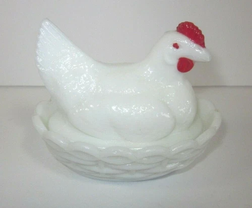 3 1/2" Vintage Milk Glass Covered Chicken on a Basket