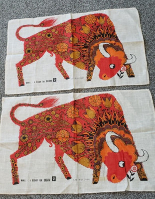 Belinda Lyon Bull Oxfam Irish Linen  Vintage 2 Tea Towels Wall Art HTF READ
