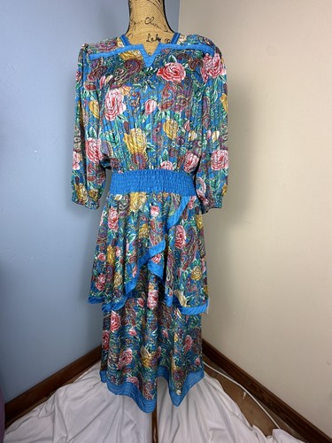 Vtg 80s Diane Freis Georgette Floral Glam Maxi M/L Cottage Romantic Tiered Rose