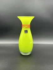 Marc Aurel German Echtkristall Green Heavy Blown Glass Vase Orange Band - As Is