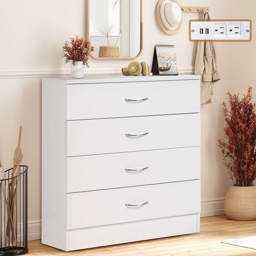 PAPROOS Modern White 4 Drawer Dresser,Chest of Drawers with USB Ports and Outlet