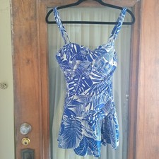 Vintage 80s Jantzen Blue White Tropical Floral Ruched Skirted Swimsuit 8
