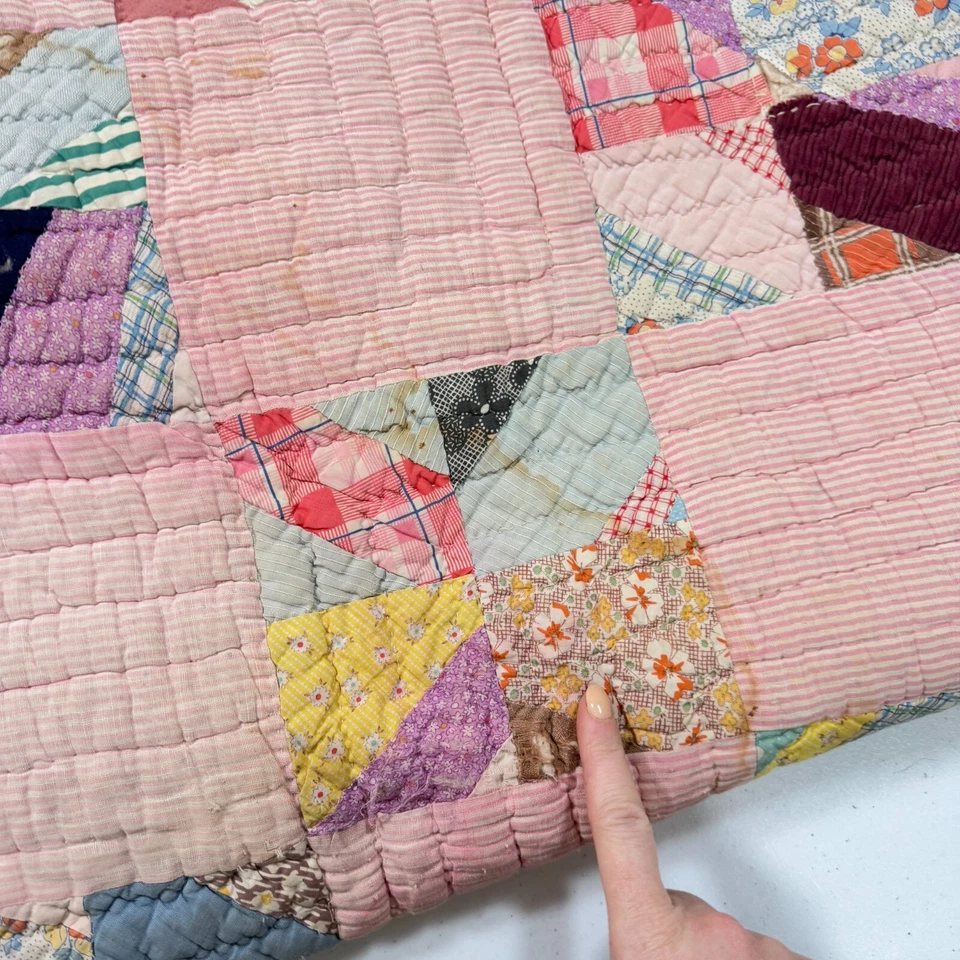 vintage handmade quilt twin patchwork pink feedsack cotton rustic primitive - Image 3 of 4