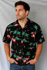 Paradise Found Hawaiian Men Shirt XL Pink Flamingo Palm Tree Chest Pocket Cotton