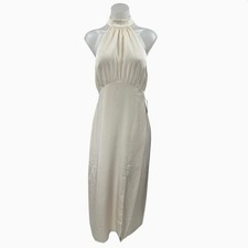 NEW Express Cream Silk Satin Sleeveless High Neck Slit Bridesmaid Sheath Dress S