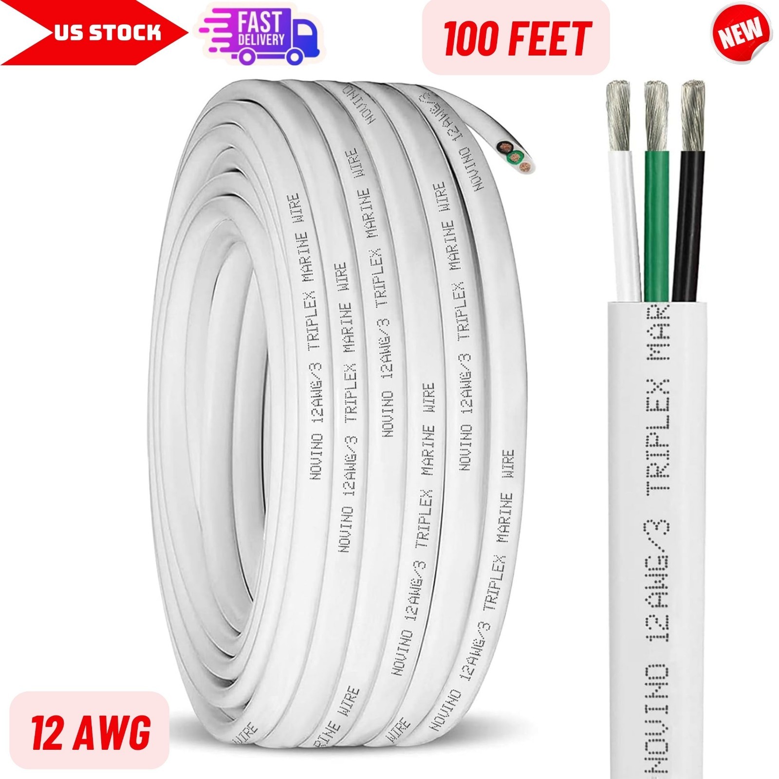 100Ft 12 AWG Marine Grade Wire,12/3 Triplex Tinned Copper Boat Cable for RV Boat