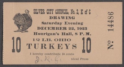 Silver City Council #2 Knights of Columbus Turkey Drawing Raffle tcket 1923