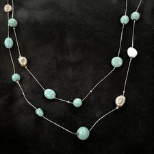42  Double Strand Turquoise Howlite Style Bead Necklace Silver Tone Chain Boho
