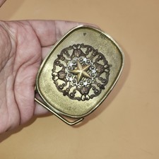 3" Detailed Western Star Texas rectangle antique brass gold vintage belt buckle