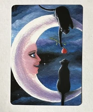 1 SWAP CARD ROMANTIC BLACK CAT ROSE SMILING MOON MODERN PLAYING ART NOT A DECK